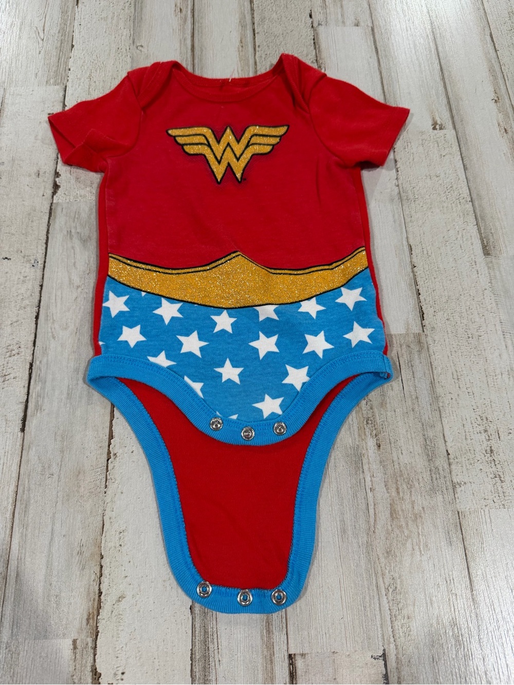 Justice League Wonder Woman Baby Girl Bodysuit 3-6 Months Red Blue Gold Glitter